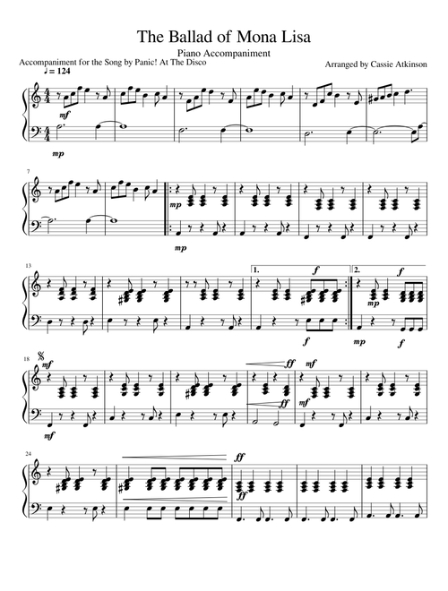 The Ballad of Mona Lisa by Panic! At The Disco ~ Piano Accompaniment