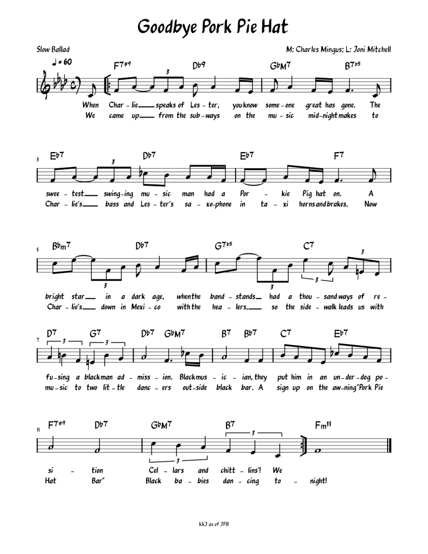 Goodbye pork pie hat Charles Mingus Goodbye Pork Pie Hat Sheet music