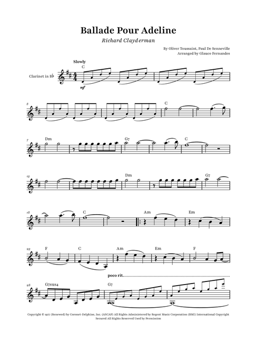 Ballade Pour Adeline (Arr. Glauco Fernandes) - Richard Clayderman (Clarinet Solo)