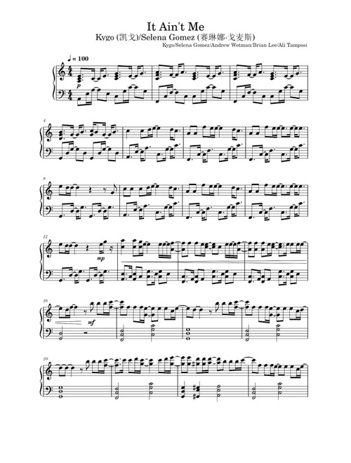 It Ain't Me (Arr. Kygo and Selena Gomez) (Piano Solo)