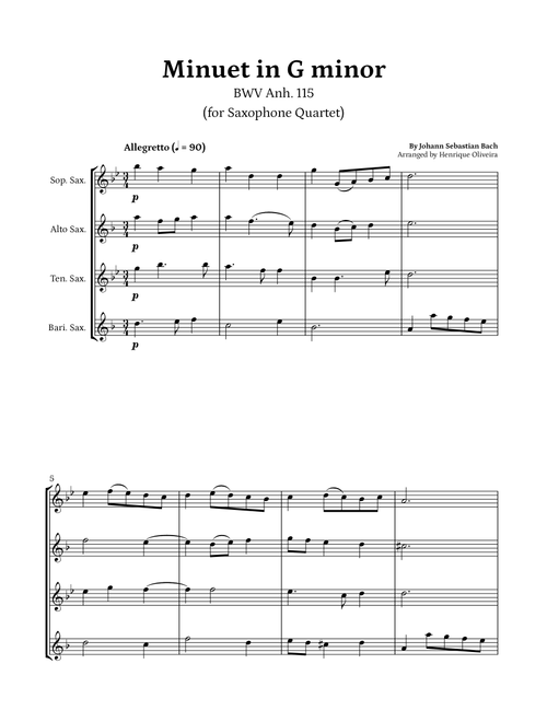 Minuet in G minor, BWV Anh. 115 (Saxophone Quartet) - J. S. Bach (Arr. Henrique Oliveira) - Johann Sebastian Bach (Woodwind Ensemble)