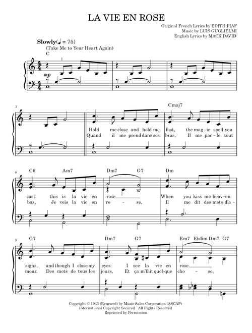 La Vie En Rose (Take Me To Your Heart Again) - Edith Piaf (Easy Piano)