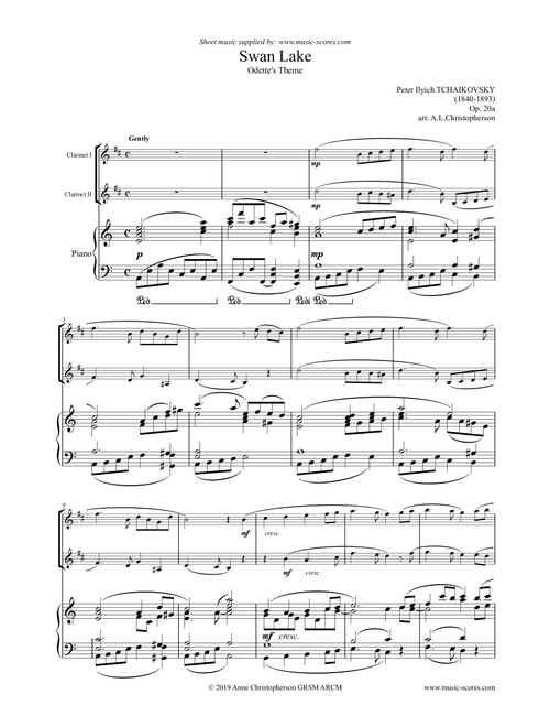Swan Lake - Odette's Theme - 2 Clarinets and Piano (Arr. Anne L Christopherson GRSM ARCM) - Tchaikovsky (Clarinet and Piano)