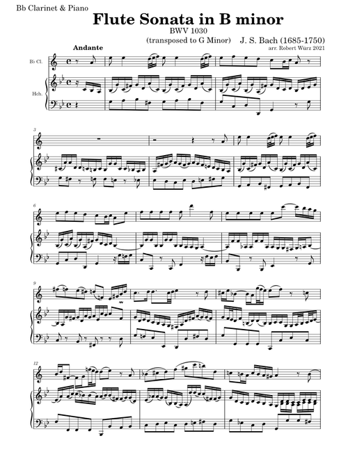 Flute Sonata in B minor, BWV 1030 – Johann Sebastian Bach (arr. for Bb Clar./Sopr. and Piano in Gm)