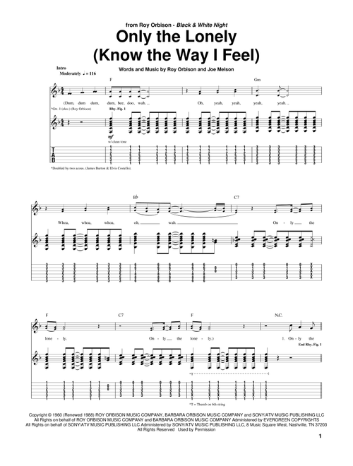 Only The Lonely (Know The Way I Feel) - Roy Orbison (Guitar Tab)