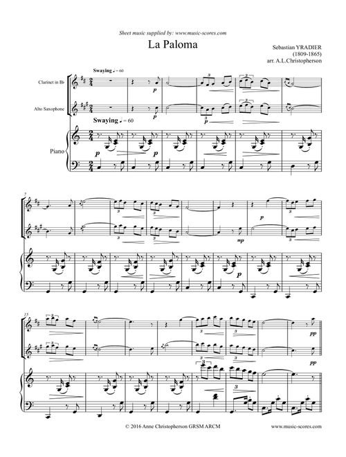 La Paloma - Clarinet, Alto Sax and Piano (Arr. Anne L Christopherson GRSM ARCM) - Yradier, Sebastian (Instrumental Duet)