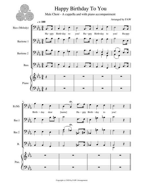 Happy Birthday (in Jazz) - Male Voice Choir (Baritone/Bass) - A cappella and with piano