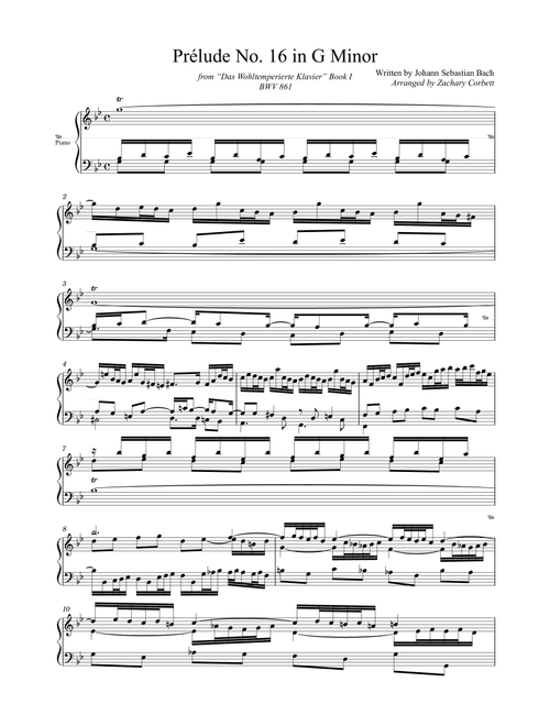 Prelude No. 16 BWV 861 in G Minor (Arr. Zachary Corbett) - Johann Sebastian Bach (Piano Solo)
