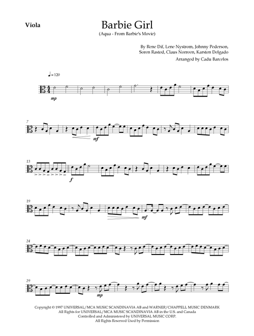 Barbie Girl (Arr. Cadu Barcelos) - Aqua (Viola Solo)