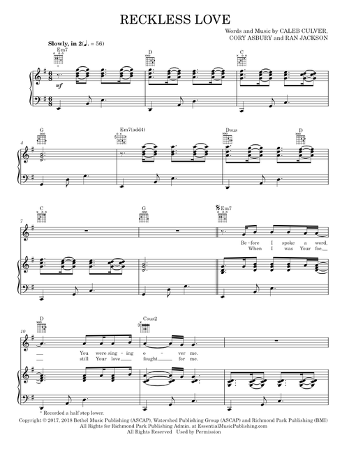 Reckless Love - Bethel Music, Cory Asbury (Piano-Vocal-Guitar)