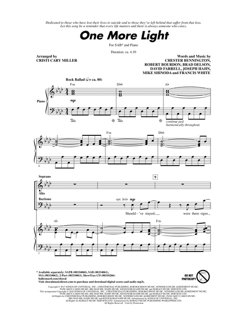 One More Light (arr. Cristi Cary Miller) - Linkin Park (Choral, SAB)