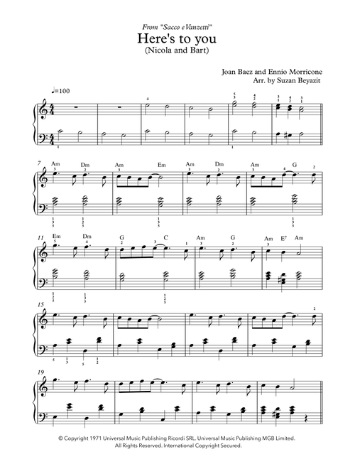 Here's To You (Arr. Suzan Beyazit) - Joan Baez (Easy Piano)