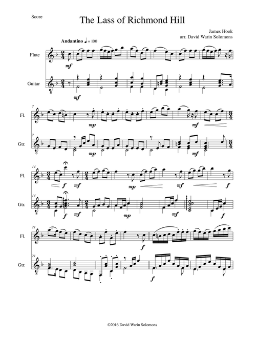 Lass of Richmond Hill for (advanced) flute and guitar (Arr. David Warin Solomons) - James Hook (Instrumental Duet)