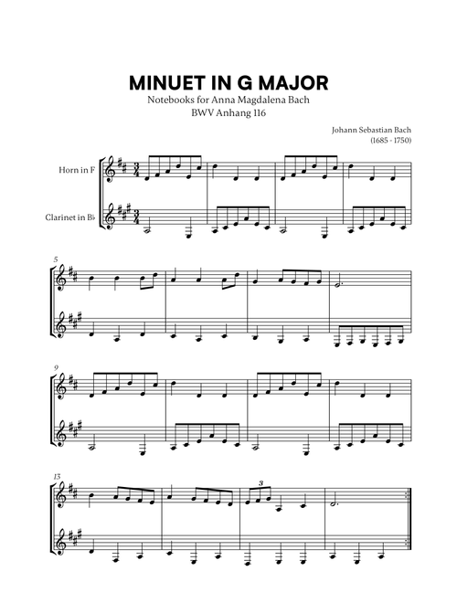 Johann Sebastian Bach - Minuet in G Major (BWV Anh. 116) (for French Horn and Clarinet) (Arr. Cadenza Editions) (Instrumental Duet)