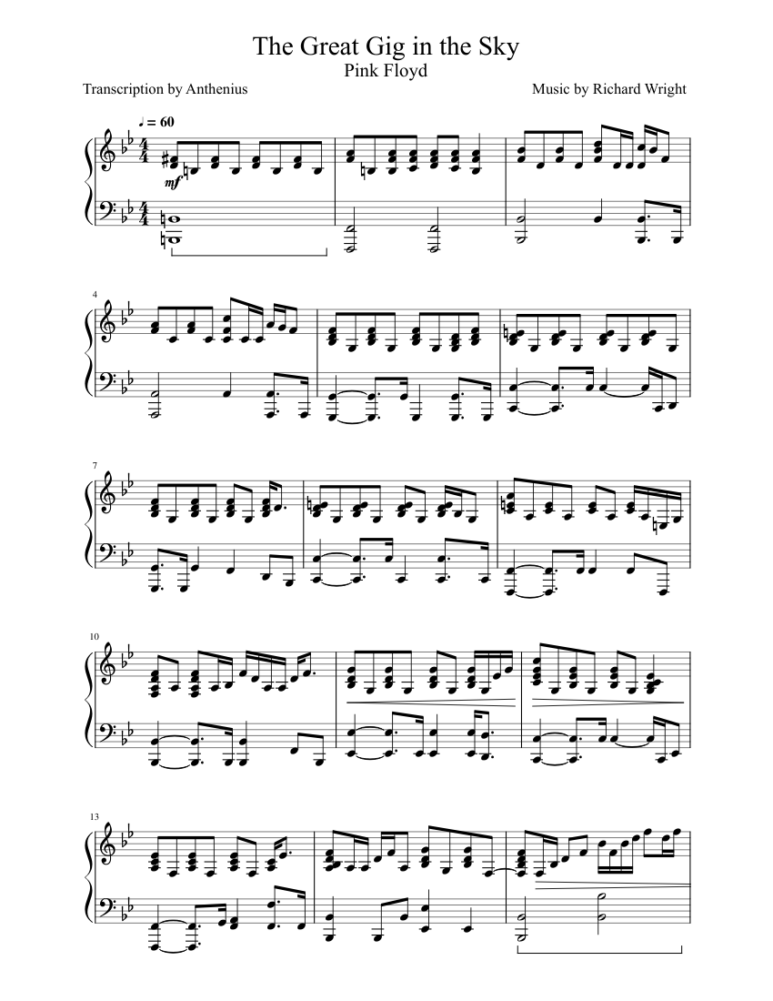 The Great Gig in the Sky - Pink Floyd Sheet Music for Piano (Solo ...