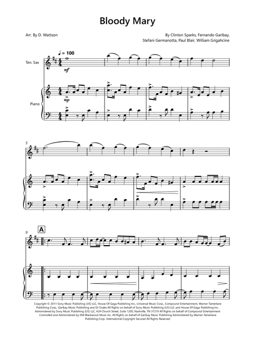 Bloody Mary (Arr. D. Wattson) - Lady Gaga (Tenor Sax and Piano)