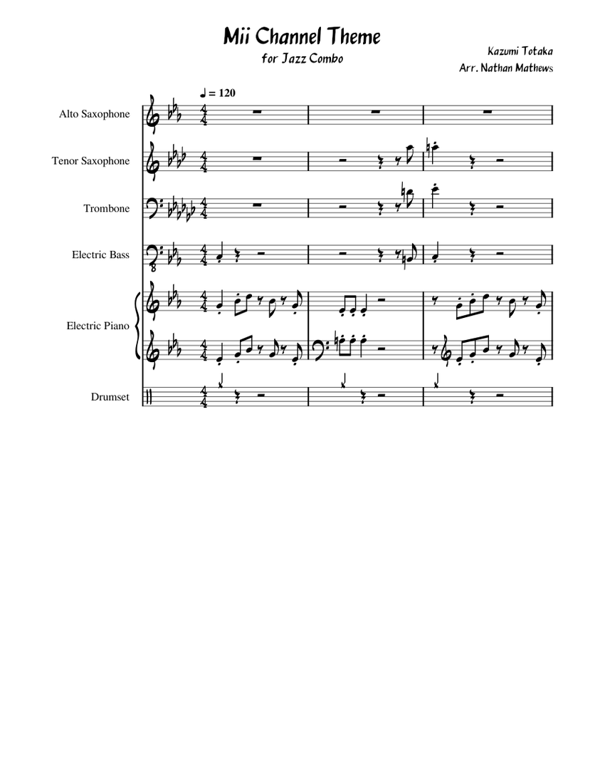 Mii Channel Theme for Jazz Combo Sheet Music for Piano, Trombone ...