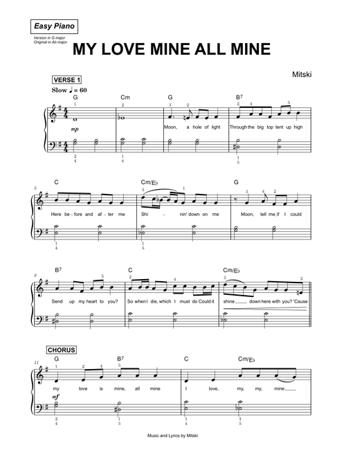 My Love Mine All Mine - Mitski (Easy Piano)