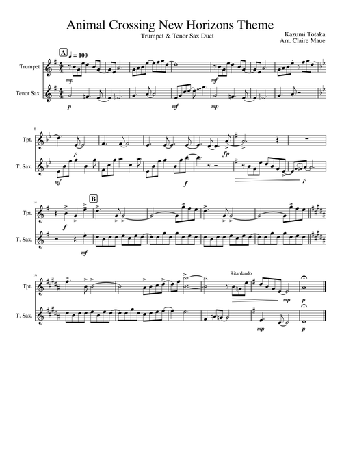 Animal Crossing: New Horizons - Main Theme - Trumpet & Tenor Sax Duet
