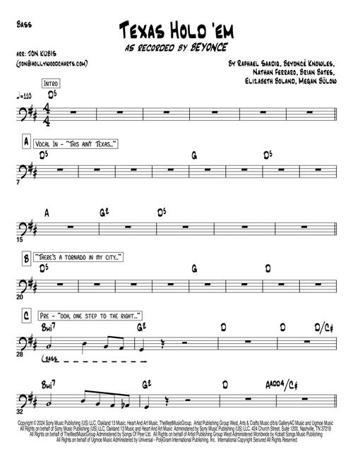 Texas Hold 'em (Arr. Hollywood Charts) - Beyoncé (Bass Guitar (without TAB))