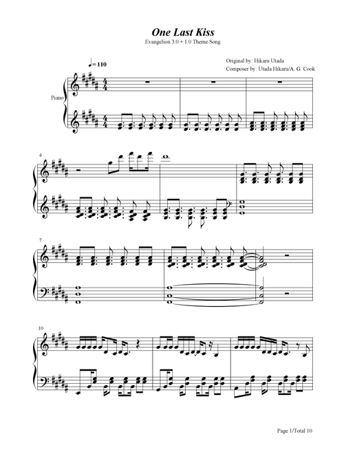 One Last Kiss,Utada Hikaru,（from Rebuild of Evangelion）Piano Solo Sheet (Arr. poon) (Piano Solo)
