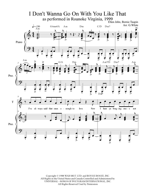 I Don't Wanna Go On With You Like That (Arr. Eltons Notes) - Elton John (Piano Vocal)