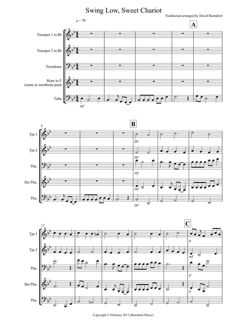 Swing Low, Sweet Chariot for Brass Quartet (Arr. David Burndrett) - Traditional (Brass Ensemble)