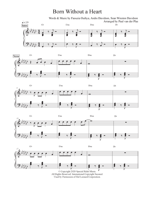 Born Without A Heart (Arr. Paul van der Plas) - Sean Davidson, Andre Davidson, Faouzia Ouihya (Easy Piano)