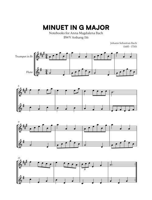 Johann Sebastian Bach - Minuet in G Major (BWV Anh. 116) (for Trumpet and Flute) (Arr. Cadenza Editions) (Instrumental Duet)