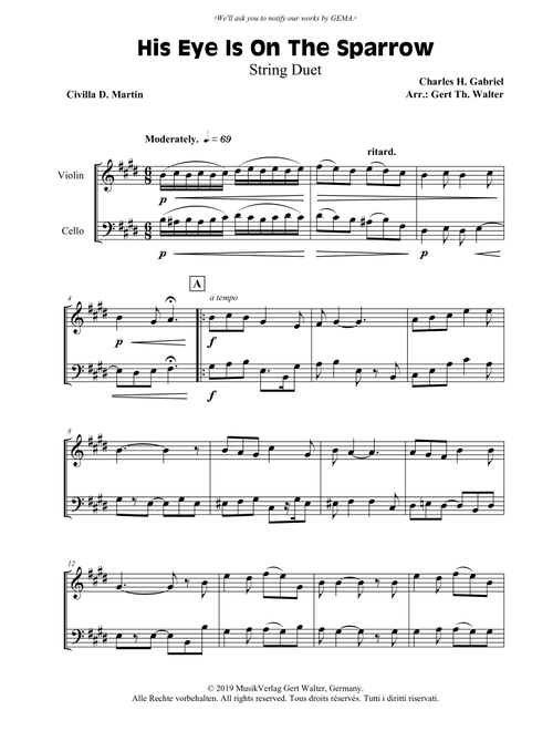 His Eye Is On The Sparrow (Arr. Gert Th. Walter) - Charles H Gabriel (Instrumental Duet)