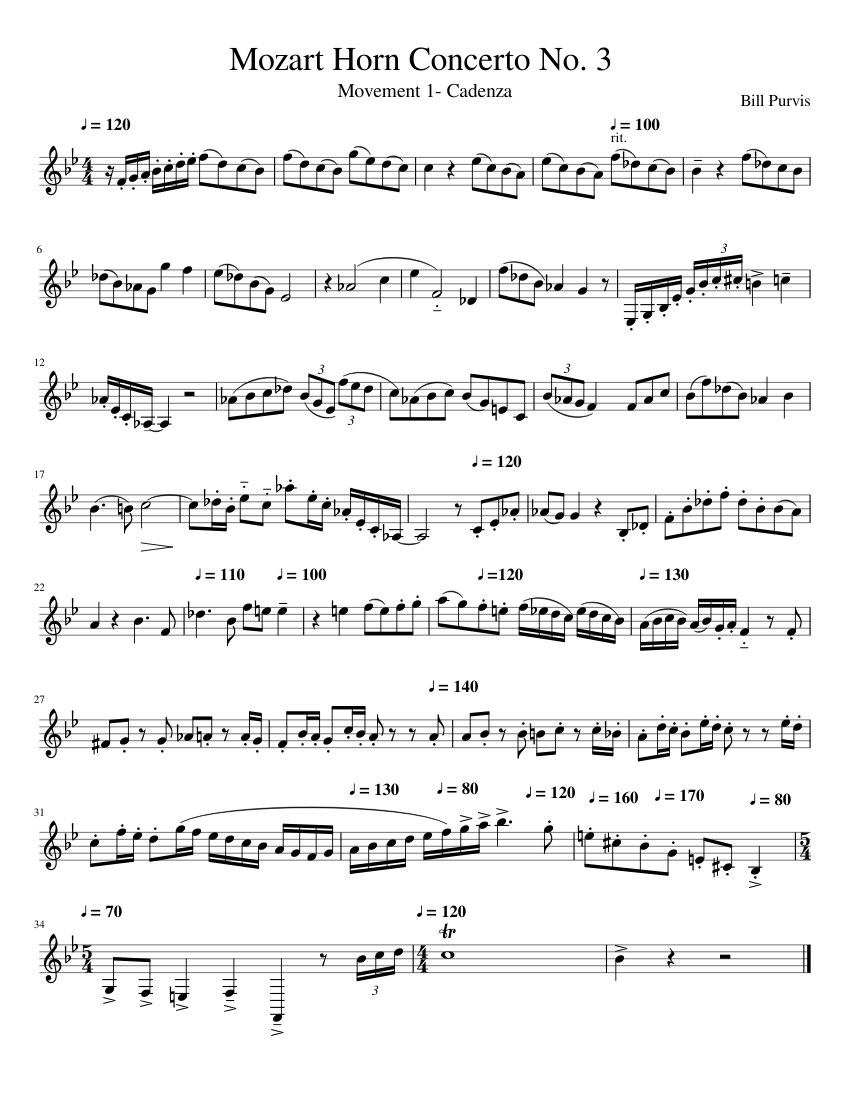 Mozart Horn Concerto No. 3 Sheet music for French horn Solo Musescore