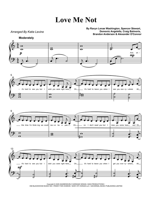Love Me Not (Arr. Katie Levine) - Ravyn Lenae (Easy Piano)