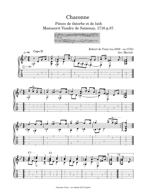 Chaconne – Robert de Visée (ca.1659 - ca.1733) - Tablature