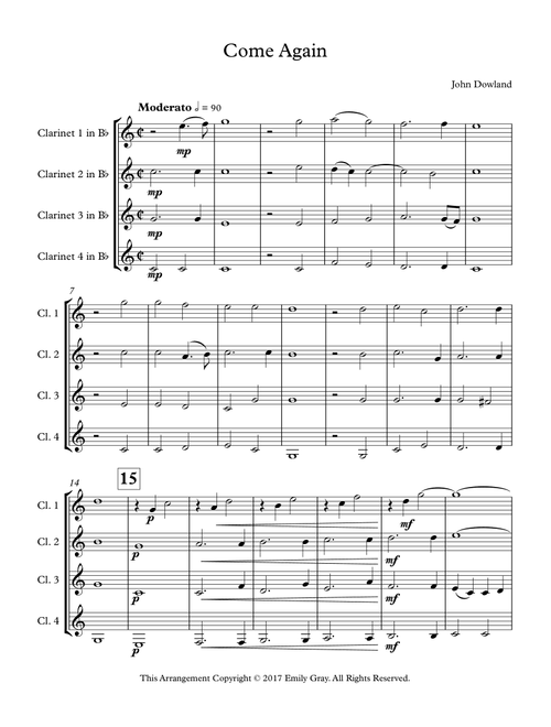 Come Again (Clarinet Quartet) (Arr. Emily Gray) - John Dowland (Woodwind Ensemble)