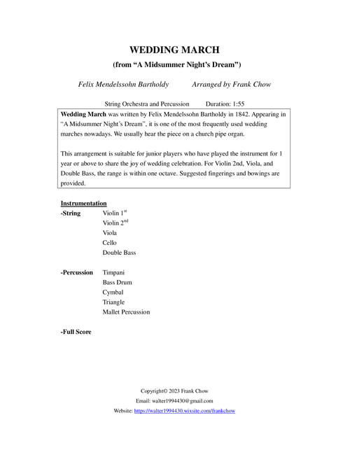 Wedding March (from “A Midsummer Night’s Dream”) (for string orchestra and percussion) (Arr. Frank Chow) - Felix Mendelssohn Bartholdy (Orchestra)