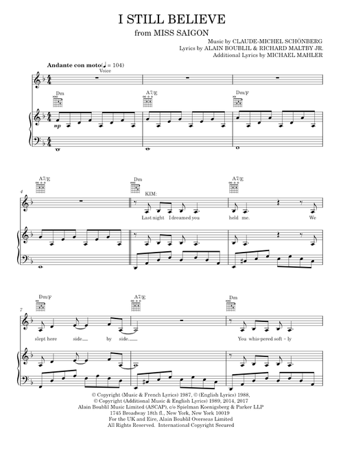 I Still Believe - Alain Boublil, Claude-Michel Schonberg (Piano-Vocal-Guitar)