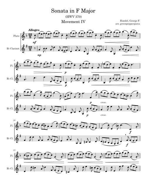 Sonata in F major, HWV 370 – Handel (Movement 4, arranged for flute/clarinet)