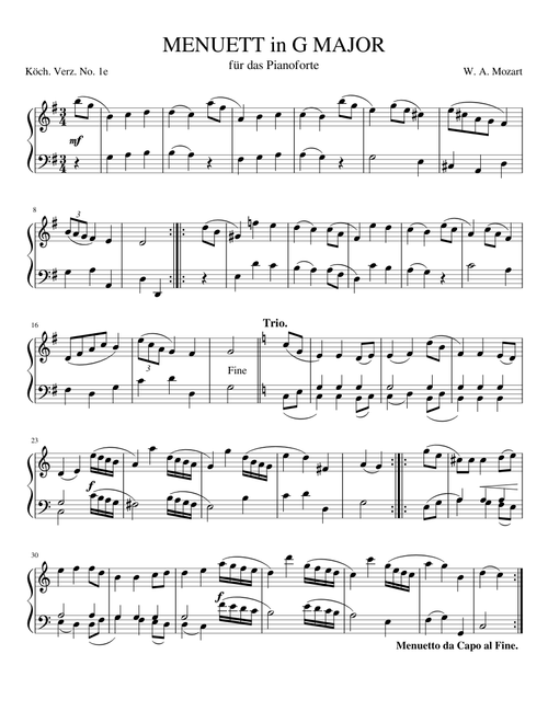 W. A. Mozart, Minuet in G Major, K1e.