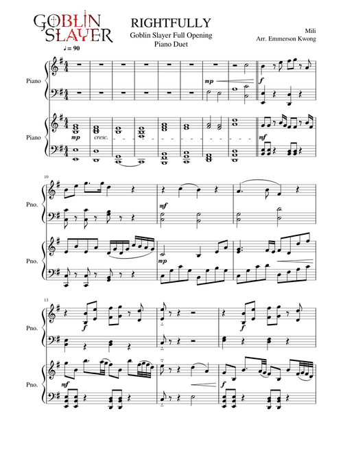 Rightfully - Goblin Slayer Full OP - Piano Duet