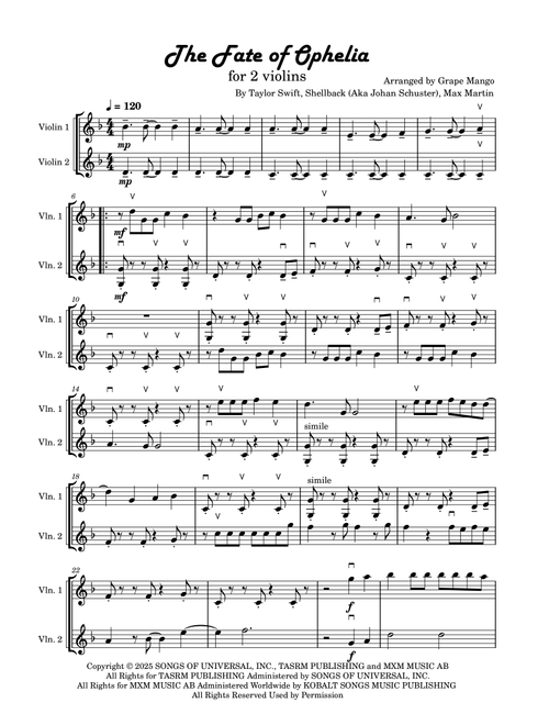 The Fate Of Ophelia (Arr. Grape Mango) - Taylor Swift (Violin Duet)