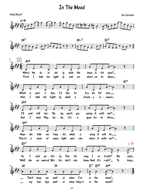 In the Mood (Lead sheet with lyrics )