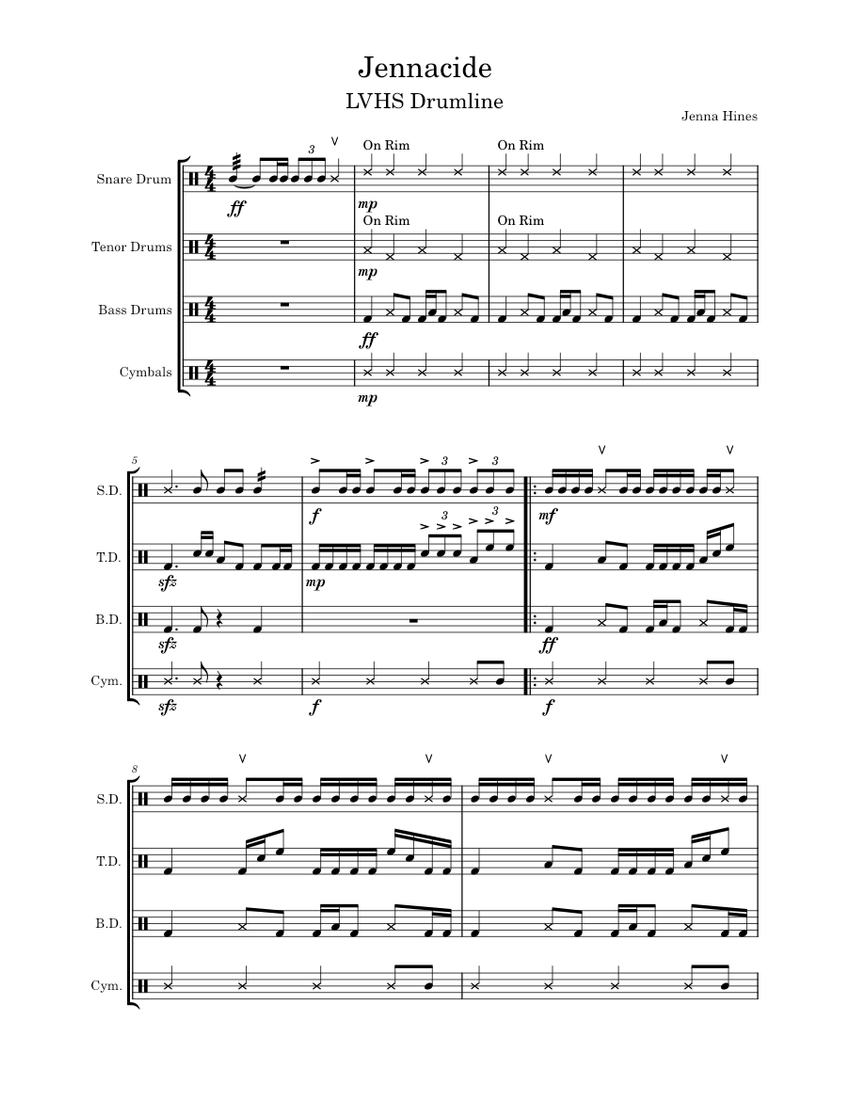 Jennacide Sheet music for Snare drum, Crash, Tenor drum, Bass drum