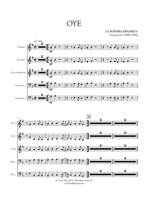Oye (Brass/Horns Parts) (Arr. Cairo Haq) - La Sonora Dinamita (Small Ensemble)