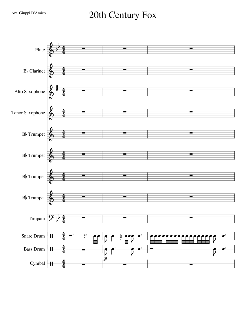 20th Century Fox Theme Sheet music for Flute Clarinet in b flat Saxophone alto Saxophone tenor more instruments Mixed Ensemble Musescore