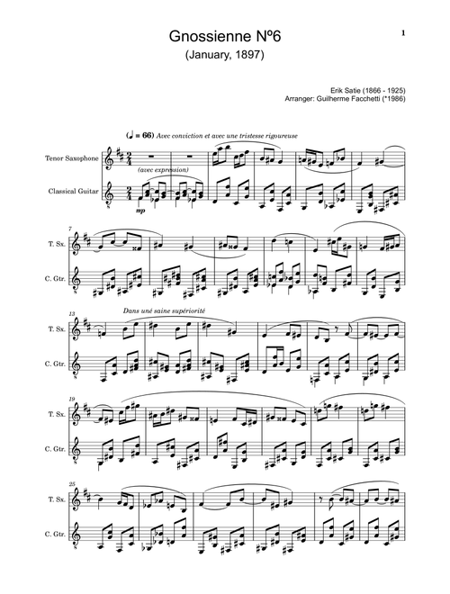Erik Satie - Gnossienne Nº6. For T. Sax. and Guitar. (Arr. Guilherme Facchetti) (Instrumental Duet)