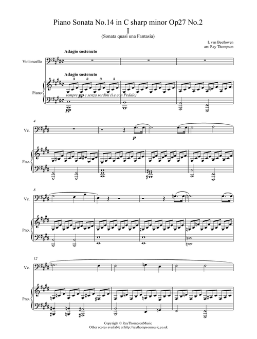 Beethoven: Piano Sonata No.14 in C# minor Op 27 No.2 ("Moonlight Sonata") Mvt.I - Violoncello/piano (Arr. Ray Thompson) - Ludwig Van Beethoven (Cello and Piano)