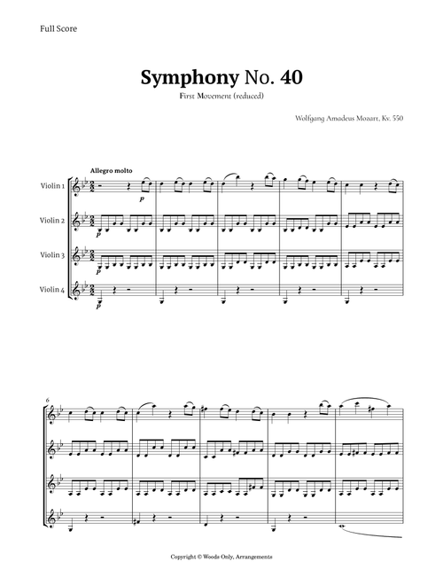 Symphony No. 40 by Mozart for Violin Quartet (Arr. Ander) (String Quartet)