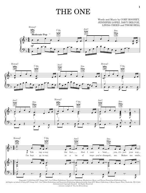 The One - Jennifer Lopez (Piano-Vocal-Guitar)
