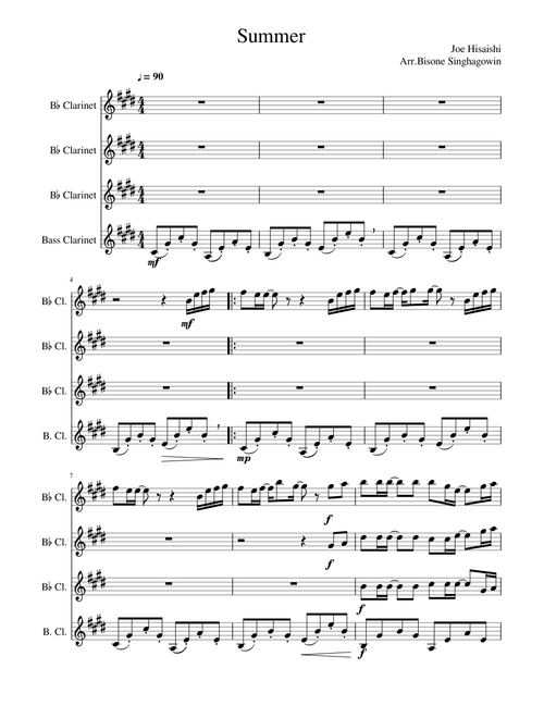 Summer by Joe Hisaishi for Clarinet Quartet