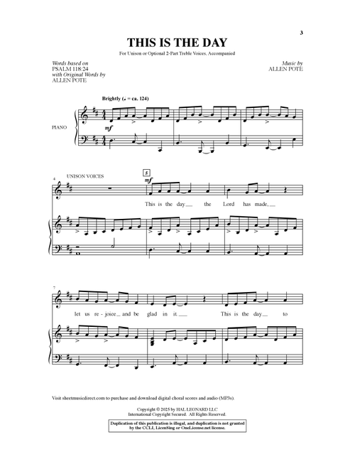 This Is The Day - Psalm 118:24 (Choral, Unison, 2-Part Treble)